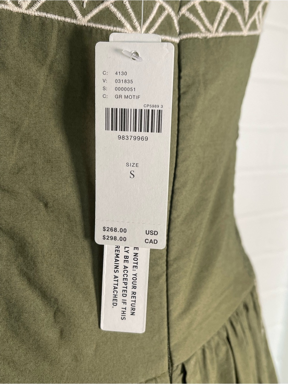 Anthropologie Strapless Olive Green Embroidered Cotton Midi Dress NWT Small - Picture 11 of 11